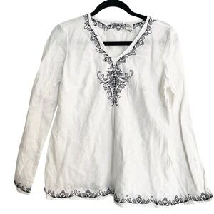 Richard Malcolm Linen Embroidered Tunic Top Long Sleeve Blouse White M Bohemian‎